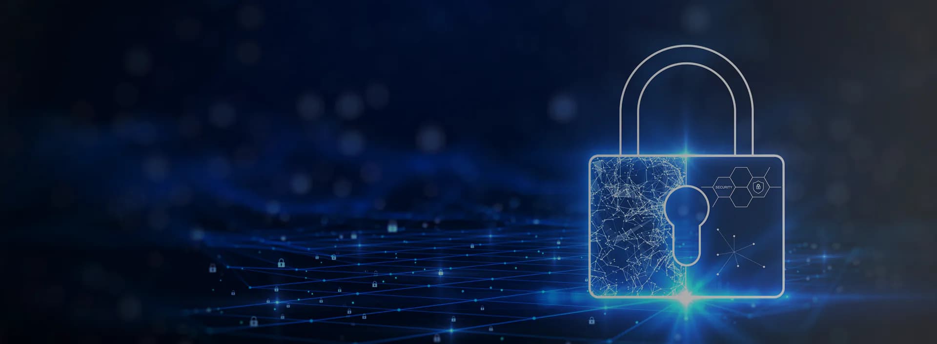 Digital illustration of a padlock over a glowing network grid