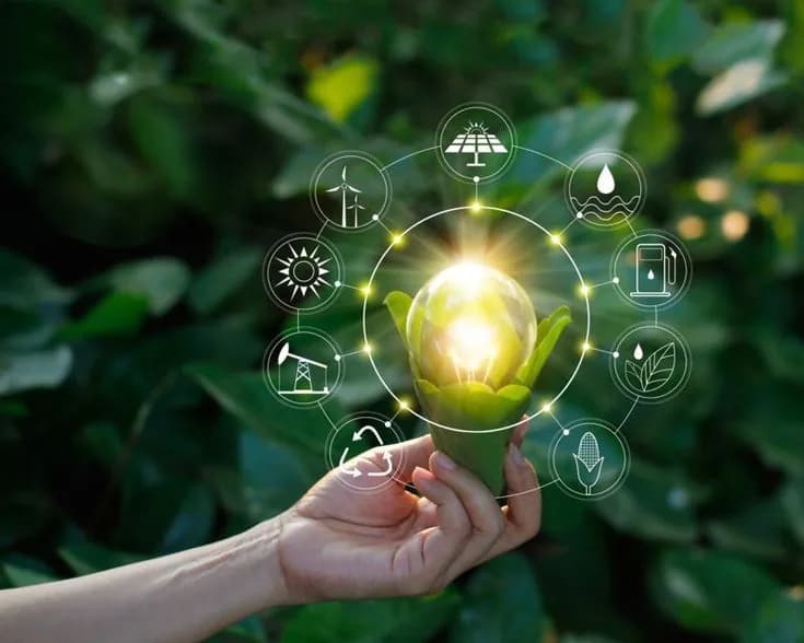 Hand holding a glowing plant surrounded by renewable energy icons