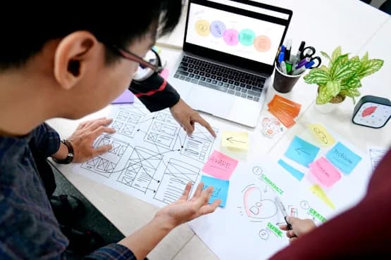 UX Design workspace with colorful sticky notes