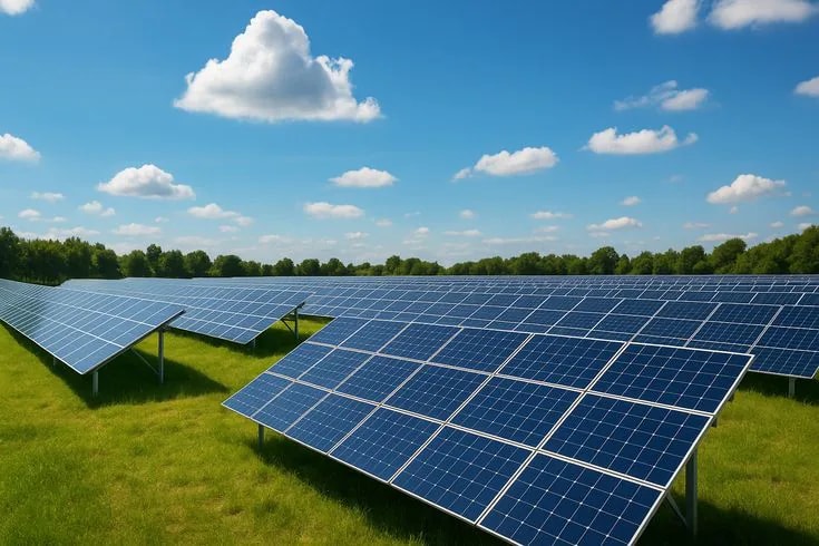 Solar panels in a sunlit grassy field