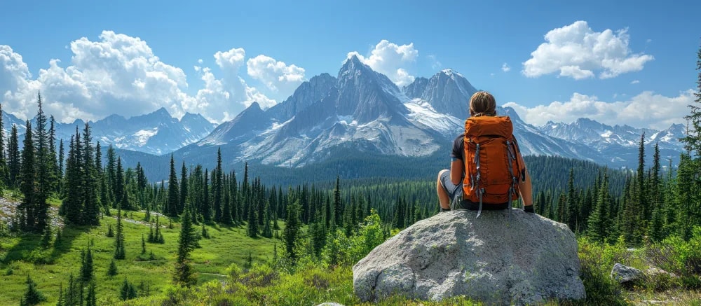 Hiker with a backpack overlooking a mountain range