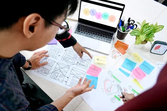 UX Design workspace with colorful sticky notes