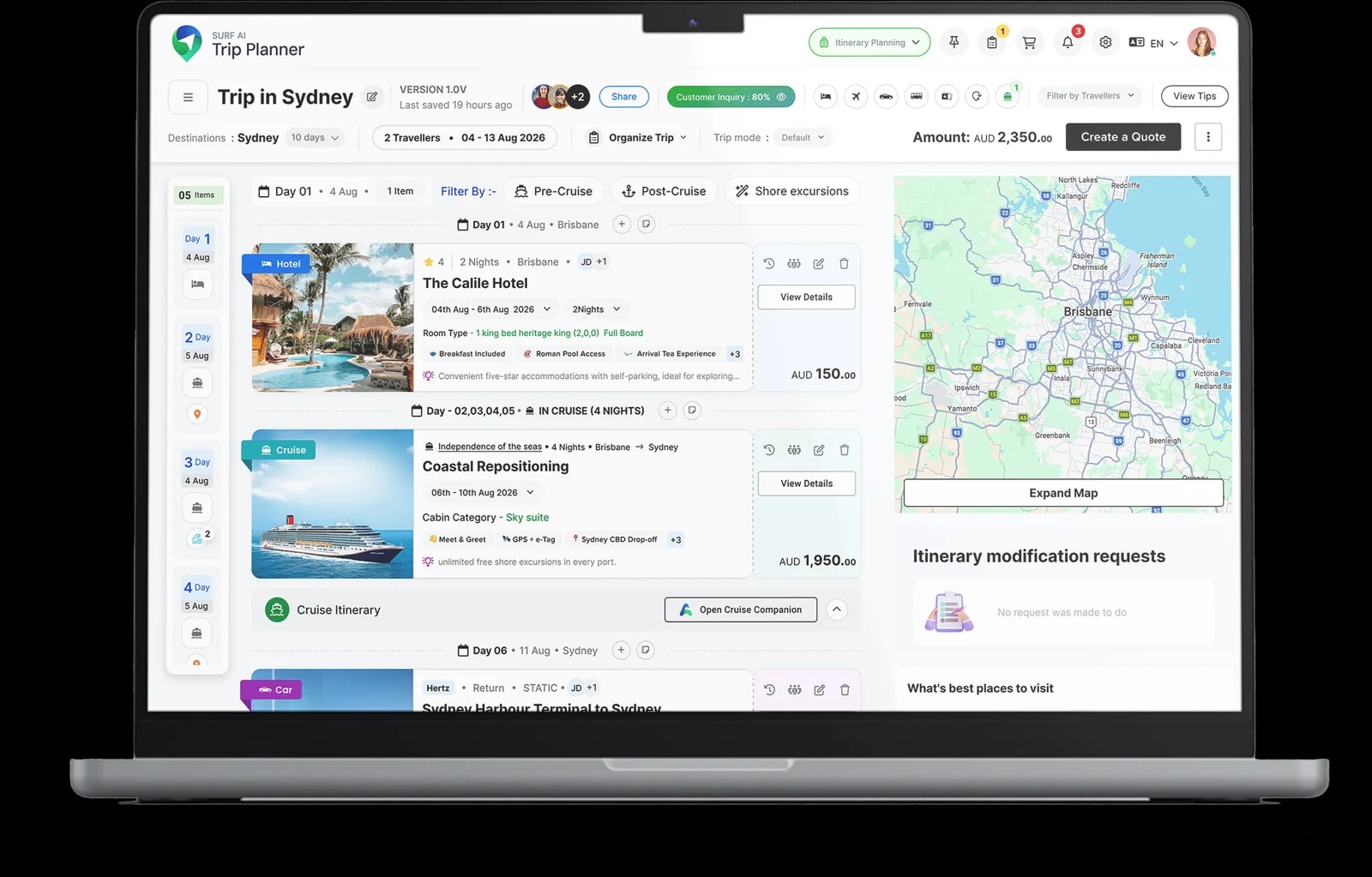 SURF AI Trip Planner Canvas mit einer zehntagigen Sydney-Reiseroute mit tagesgenauen Komponenten, Live-Preisen und einer Kartenansicht