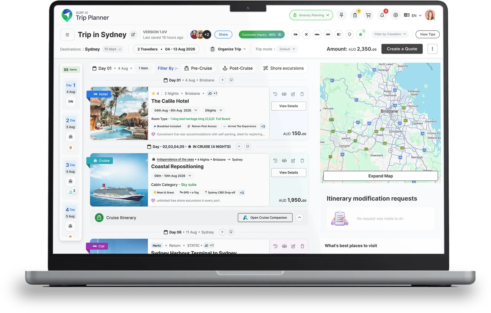 SURF AI Trip Planner Canvas showing a ten-day Sydney itinerary with day-by-day components, live pricing and a map view