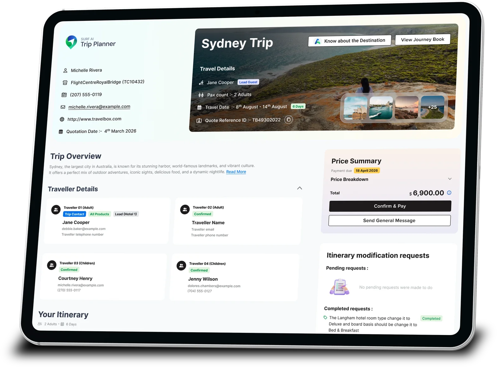 A Living Digital Quote for a Sydney trip showing traveller details, an itinerary narrative, a price summary and modification requests